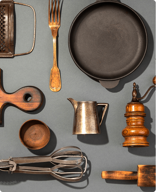 Overhead view of various kitchen utensils